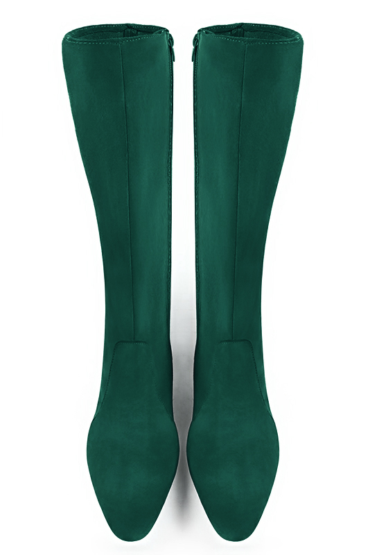 Forest green women's feminine knee-high boots. Round toe. Low flare heels. Made to measure. Top view - Florence KOOIJMAN